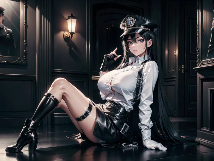 8K， Realistic，glamorous，He is very detailed,   A 20-year-old girl,  a sexy and charming woman ,  of foot, ((vista desde arriba)),  looking at the spectator, sensual lips,  beautiful eyes ,  detailed eyes ,  black eyes,  long black hair,  police cap, (brace...