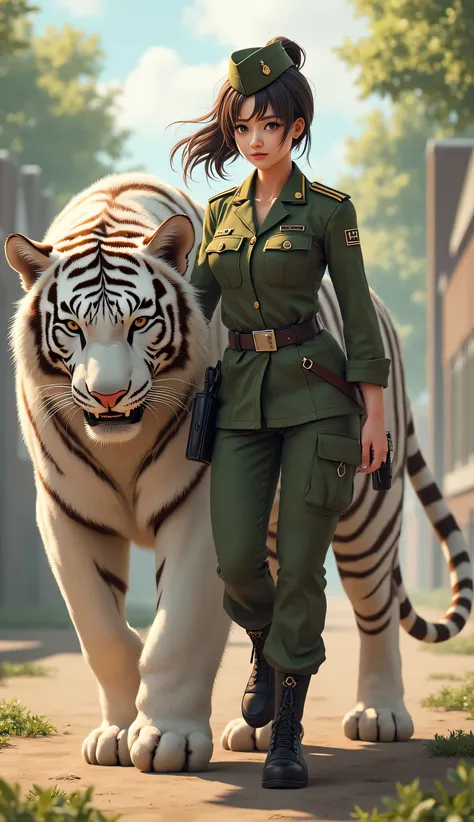 Look around, Get Around. 1 girl,  Hi-Res,  Hair,  Ponytail,  big breasts, Military Uniform Women, smiles,  Glitter Effect , 3D Animation,She's walking behind a girl with a big, domesticated white tiger from the military who fights together