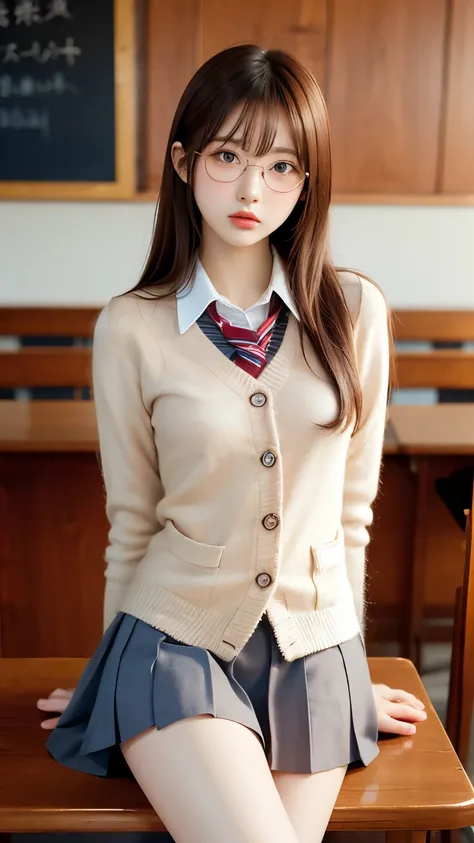 top quality ,8k,Age 15、 Japanese School Uniforms 、Women、Loli Face、 round glasses、 Straight Hair、 big ass、Meaty thighs、Directly facing、Loli Face、 red cheeks、lure、 lonely expression