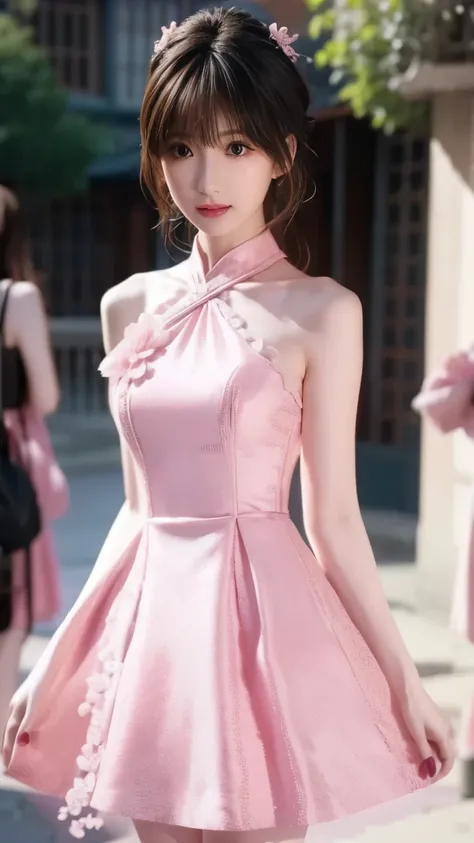bangs ,hair、 in a pink dress 、hair上有花朵的Anime Girl, very 美丽的Anime Girl, 美丽的Anime Girl, beautiful fantasy anime , Gu Weiss, Anime Girl, 美丽的Anime Girl, very beautiful anime girl , pink flowers , background blur, Anime style 4K, Anime fantasy work ...