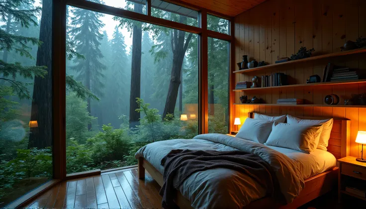 A modern, cozy cabin bedroom with large glass walls overlooking a lush, dense forest in the rain. The view includes tall trees and greenery drenched in rain, with water streaming down the glass. Inside, the bedroom is warmly lit, featuring a comfortable be...