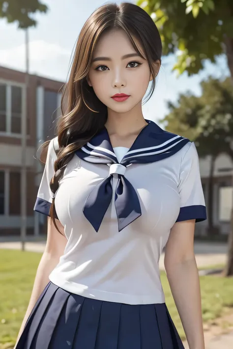 (Wrinkle-free sailor uniform:1.3), Tight fitting short sleeves, Breasts accentuates, Breasts is in the frame, Wrinkle-free tight fitting short skirt, (Looking at the viewer:1.3), Outdoors, An unmanned schoolyard after school,
8Kquality, (High Resolution:1....