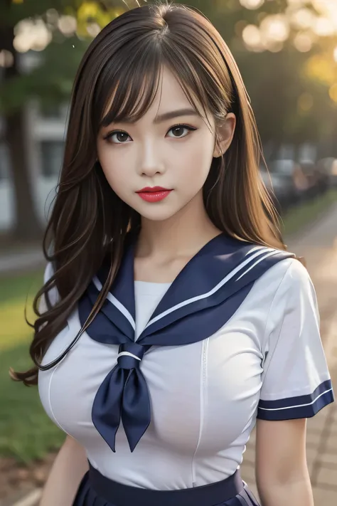 (Wrinkle-free sailor uniform:1.3), Tight fitting short sleeves, Breasts accentuates, Breasts is in the frame, Wrinkle-free tight fitting short skirt, Tights, (Looking at the viewer:1.3), Outdoors, An unmanned schoolyard after school,
8Kquality, (High Resol...