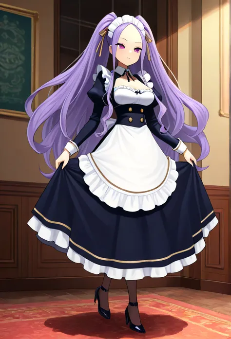 1 Girl,  long hair,  purple hair,  purple eyes,  double ponytail, Forehead,  maid outfit,  long sleeve,  skirt, indoor,  top quality,  is very beautiful,  Absurd ,  high resolution,  latest, Black waist,  HEELS, Stockings