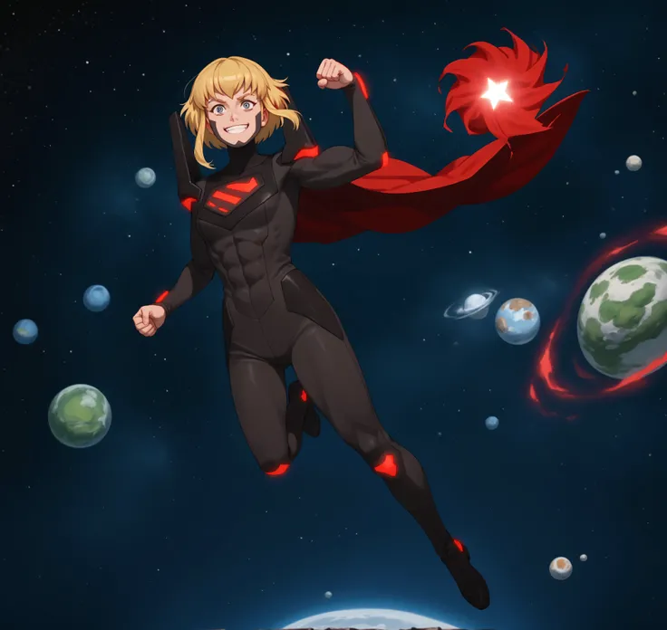 1girl, solo, karazoreldef, red aura, short hair, blonde hair, medium breasts, toned, karazorelfit, happy, red cape, red glow, black two-tone bodysuit, black shoulder armor, looking at viewer, smiling, black hole, floating, airborne, space, planets, heavily...