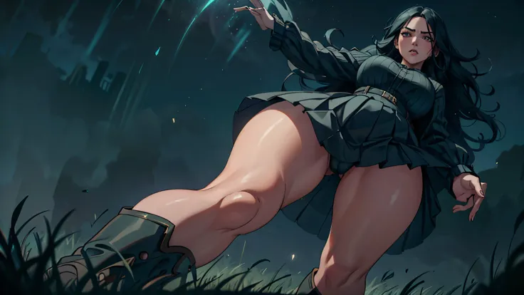 a thicc curvy 30 year old woman with angry expression, detailed facial features, long wavy hair, stomping the grass, wearing pleated skirt and boots, viewed from below, hyper-realistic, cinematic lighting, dramatic composition, moody colors