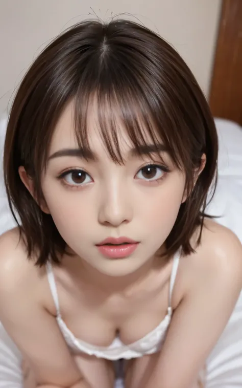 Cute 2 Japan、  on the bed、  spread both legs、  very detailed face 、  Pay attention to the details   、  double eyelid、  beautiful thin noses、 sharp concentration:1.2、 Kiri Reina Female :1.4、(  light brown hair,   short cut hair ,   white skin、  top quality ...