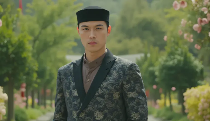 asian man, boy band, 25 years old, wearing elegant outfit moslem and black cap, standing in front garden, half body