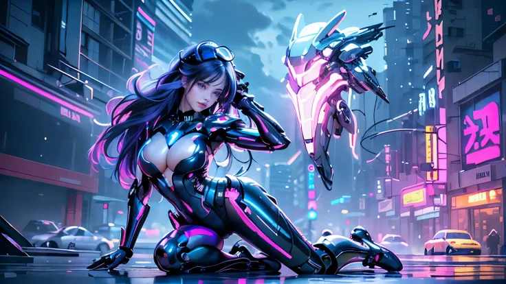  masterpiece,  better quality,  1girl , ives, Mecha, beautiful lighting, (Neon light: 1.2), (night: 1.5), " masterpiece,  better quality, 1 girl,  full length portrait ,  pose sexy,  blue eyes, multicolored hair +Talk:1.3+ red:1.2+purple+yellow:1.3+green:1...