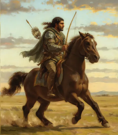 A highly detailed digital painting of a steppe archer riding a galloping horse, capturing the energy and movement of the scene. The warrior wears light armor with fur and leather elements, adorned with metal bracers and a feathered hat. His face is partial...