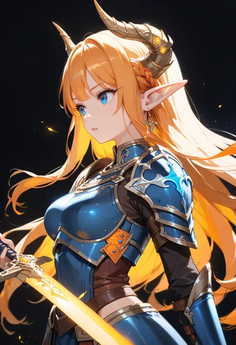 score_9, score_8_ up, score_7_ up, upscale 2x,( side view, Beautiful blond female elf with blue eyes and horns , is wearing dark blue armor with orange glowing details, holds a rune sword with the tip of the sword down and 、The tip of the sword point...