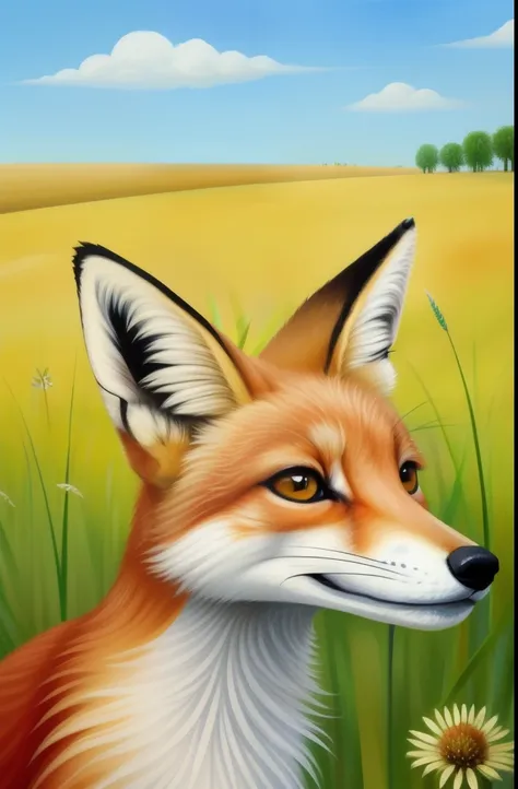 painting of a fox in a field of tall grass with a butterfly, cute fox, fox animal, whimsical fox, ethereal fox, the lovely hairy fox, digital fox, a beautiful fox lady, detailed beautiful animals, anthropomorphic fox, beautiful painting of a tall, an anthr...