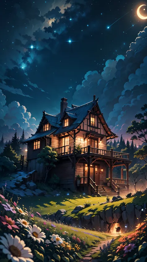 Painting of a house in a field with flowers and a bird, Moonlight shines on wild flowers , field of flowers at night , Dreamy illustration, Cozy night fireflies , quiet night. digital illustration, Picture of a starry night , beautifully illustrated, Jane ...