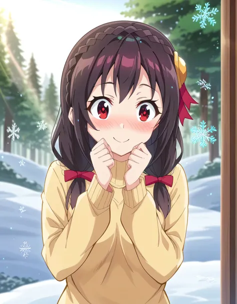  high image quality, high quality、 
Yunyun、  black hair,  hair accessories,  red eyes, ,  braided, crown  braided,
( yellow sweater:1.2)、Standing、Looking up、(blush)、(Surprised Smile)、( Snow Flutters)、( snowflakes dance like a queen:1.2)、(sunlight)、(Sunshin...