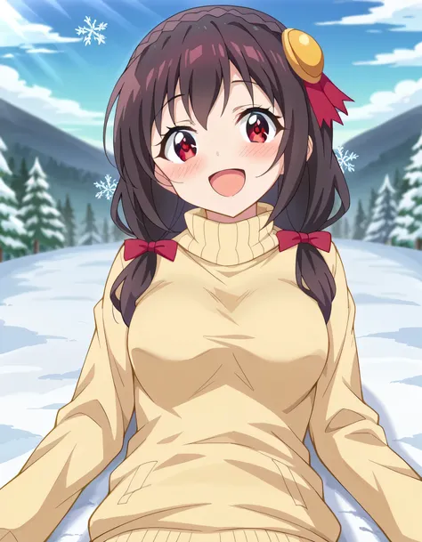  high image quality, high quality、 
Yunyun、  black hair,  hair accessories,  red eyes, ,  braided, crown  braided,
( yellow sweater:1.2)、 view viewer、(blush)、(A pleasant smile)、( I lie down in a large shape on fresh snow)、( I can see my whole body:1.2)、spr...