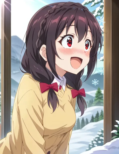  high image quality, high quality、 
Yunyun、  black hair,  hair accessories,  red eyes, ,  braided,
( yellow sweater:1.2)、Standing、(Looking up:1.2)、(blush)、(Surprised Smile)、( Snow Flutters)、( snowflakes dance like a queen:1.2)、(sunlight)、(Sunshine)、(Sunlig...