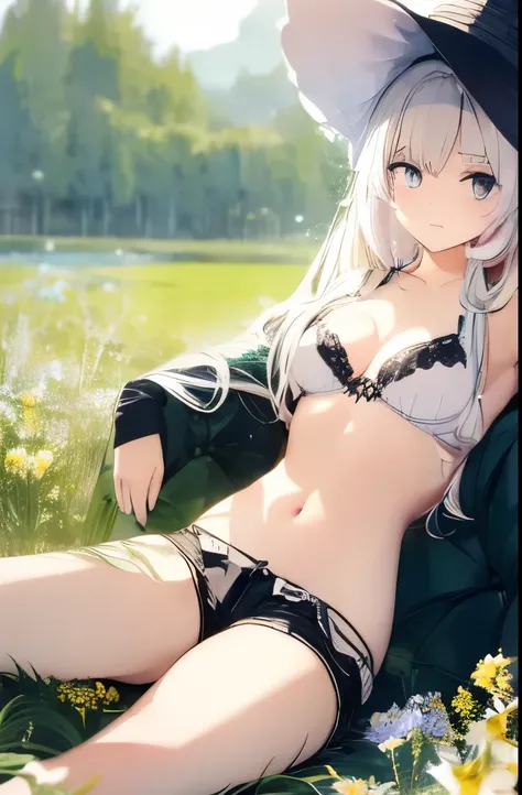 (masterpiece, top quality), one girl with long white hair sitting in a field of green plants and flowers, warm moonlight, blurry foreground, loli, river bank, bra shorts, odd eyes