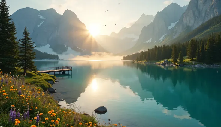 {
  "prompt": "A highly realistic depiction of a serene alpine landscape at sunrise. Towering mountains with rocky peaks surround a pristine, turquoise lake. The water is calm, perfectly mirroring the golden light of the rising sun and the evergreen trees ...