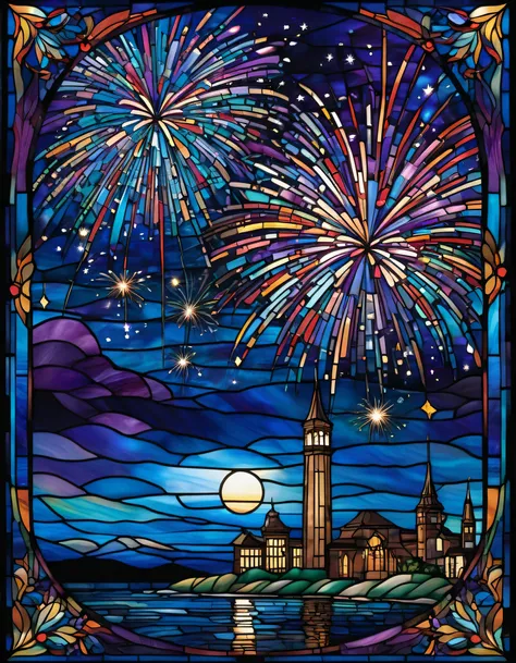 Imagine a stunning stained glass window featuring an awe-inspiring display of fireworks as the centerpiece, set against the tranquil backdrop of a clear night sky. The fireworks burst into a myriad of vibrant colors, creating a brilliant spectacle of light...