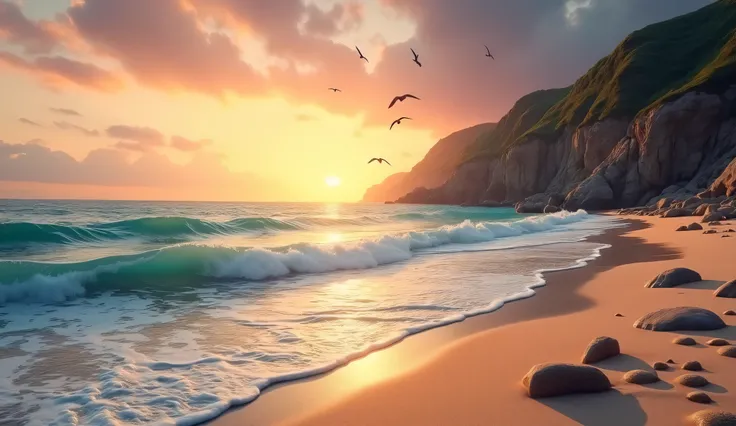 {
  "prompt": "An ultra-realistic depiction of a tranquil seaside landscape at sunset. Gentle waves roll onto a pristine sandy beach, their foam glistening in the warm, golden light. The water is a deep turquoise, gradually blending into darker blue toward...