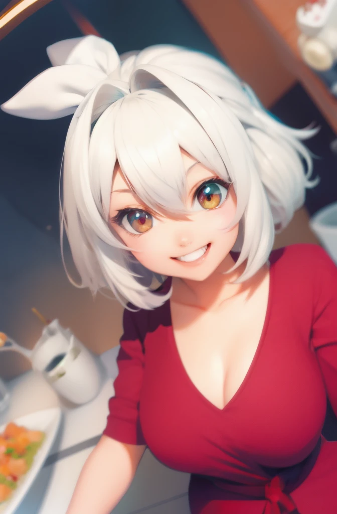 alice, anime art style, 1girl, solo, breasts, looking_at_viewer, smile, short_hair, open_mouth, large_breasts, red_eyes, hair_between_eyes, upper_body, white_hair, :d, blurry, chef