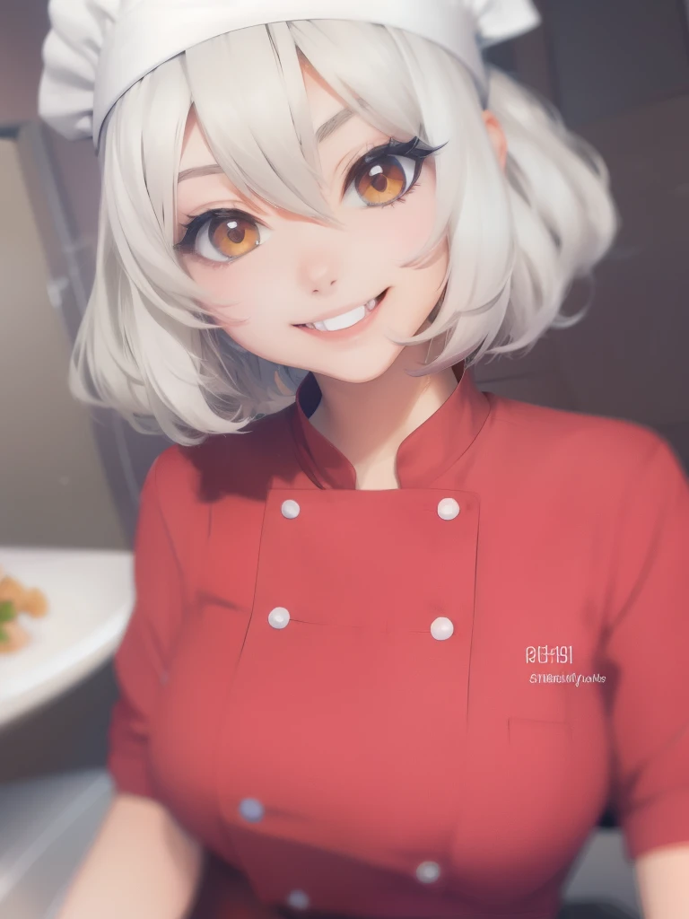 alice, anime art style, 1girl, solo, breasts, looking_at_viewer, smile, short_hair, open_mouth, large_breasts, red_eyes, hair_between_eyes, upper_body, white_hair, :d, blurry, chef