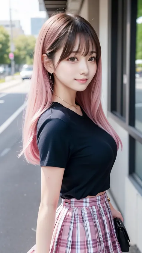  sexy big breasts ,18歳の beautiful女の子はセクシーでかわいい & かわいい beautifulセクシーな顔,  Hair is blown off the face by strong winds , beautiful super long metallic pink straight hair、 beautiful,   cute and sexy eyes hidden behind long bangs 、Navy Shirt、 very short pink and...