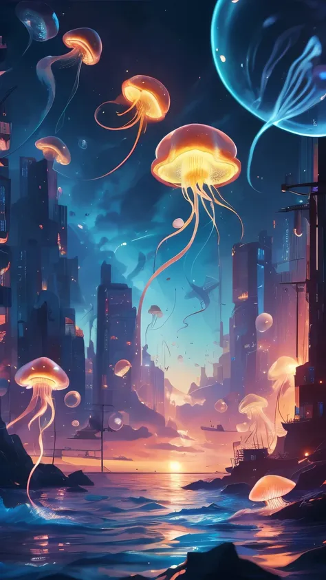 Jellyfish, A lot of jellyfish are swimming in the sky, Masterpiece,   top quality ,   Anatomically Accurate,  proximity method ,   action painting,  future, 