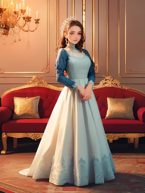 a woman in a long dress standing in a room, russian clothes, ukrainian national clothes, peasant dress, slavic style, georgian dress, traditional dress, long dress female, traditional clothes, blue-white dress, dress in the style of rococo, traditional clo...