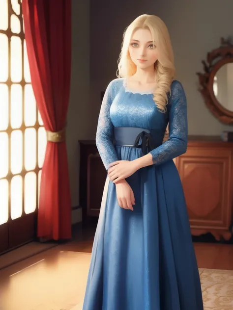 a woman in a long dress standing in a room, russian clothes, ukrainian national clothes, peasant dress, slavic style, georgian dress, traditional dress, long dress female, traditional clothes, blue-white dress, dress in the style of rococo, traditional clo...