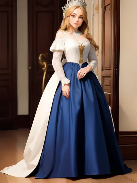 a woman in a long dress standing in a room, russian clothes, ukrainian national clothes, peasant dress, slavic style, georgian dress, traditional dress, long dress female, traditional clothes, blue-white dress, dress in the style of rococo, traditional clo...