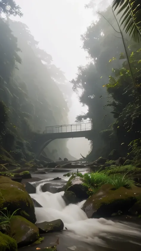 Jungle stream in a morning fog.