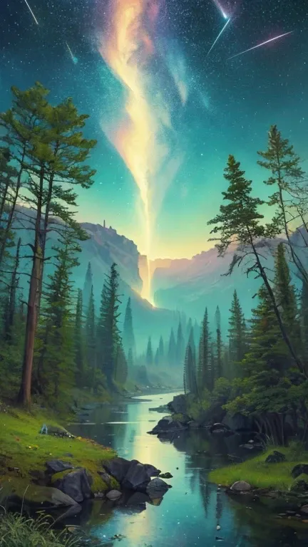 (Art by Peter Morbacher :1.3)  An otherworldly forest bathed in twilight ,  the trees are ancient and their leaves shine with bioluminescent light. arriba,  the sky is a tapestry of celestial bodies and fleeting comets ,  while below ,  a translucent river...