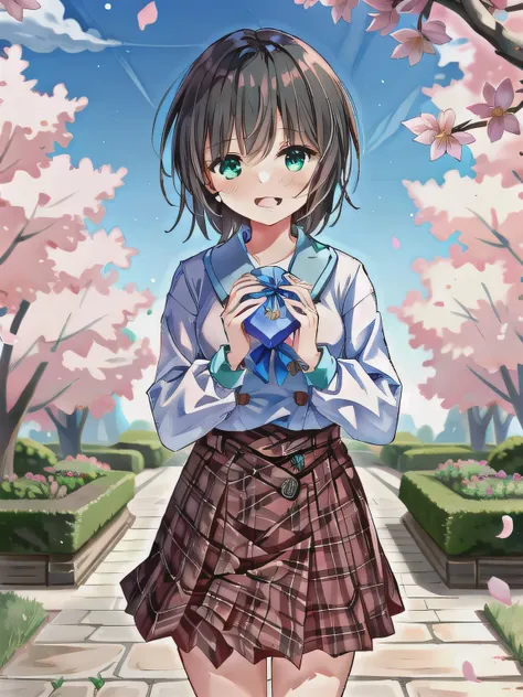 A stunningly beautiful 20-year-old woman stands in a lush green park full of cherry blossoms in full bloom under a clear blue sky. She is wearing a classic sailor uniform and holds a neatly wrapped gift box with a red ribbon in both hands in front of her c...