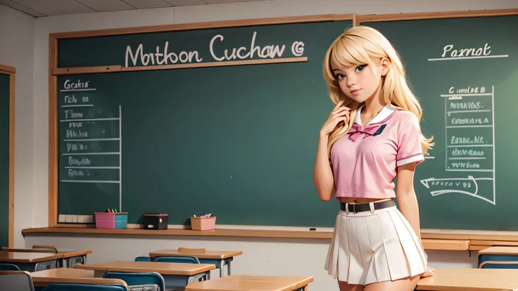 Cute  blonde girl wearing revealing pink high-school uniform in classroom, sexy, petite, popular girl, standing in front of the chalkboard, 