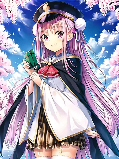 A stunningly beautiful 20-year-old woman stands in a lush green park full of cherry blossoms in full bloom under a clear blue sky. She is wearing a classic sailor uniform and holds a neatly wrapped gift box with a red ribbon in both hands in front of her c...