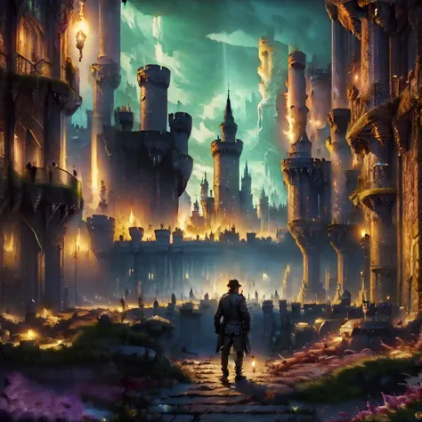 (Underworld Realm :1.2),masterpiece, best quality:1.2), alone, dark cave 、 Dark Dungeons 、 handheld lantern 、 torch、Great adventure、Adventurer、 dark、((( Darkness))),(Adventurer:1.3),(There is a medieval castle deep underground:1.5),(realistic:1.2)...
