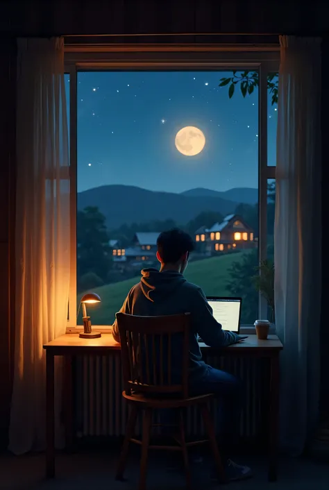 "A young man, 20-23 years old, sitting on a wooden chair in a cozy village home, working on his laptop. The room is dimly lit with a warm glow from a small desk lamp, casting soft shadows. Through the open window, a breathtaking night sky filled with stars...