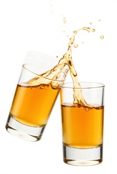 "Two shot glasses filled with golden whiskey clinking together, creating a splash effect. The glasses are made of clear glass with reflections, and the liquid splashes dynamically. The background is transparent or isolated on a white backdrop, with realist...