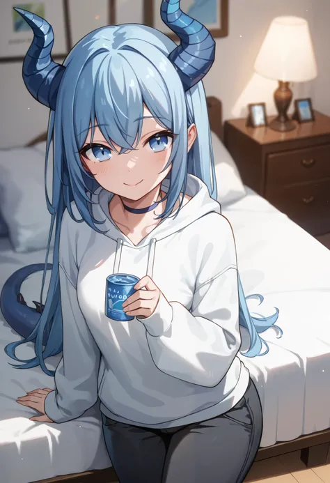 blue hair, blue long hair, blue eyes, dragon horns, small horns, white hoodie, black pants, bedroom