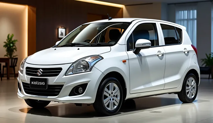 2010 Suzuki Mehran) Sides view white colour in the luxury showroom.The front plate reads "Mehran" View highlighted.