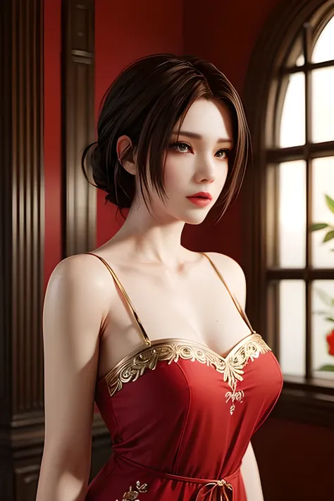 Elegant woman with brown hair, wearing a luxurious red silk pyjamas adorned with golden floral and bird embroidery, standing gracefully in a softly lit indoor setting. Her makeup is refined, featuring bold red lips and dark eyeliner. The background consist...