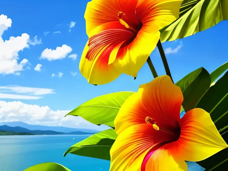 yellow hibise flowers with a view of a lake and mountains, tropical flower plants, beautiful tropical flowers, blooming tropical flowers, tropical flowers, beautiful!!!!!!!!!!!!, beautiful nature, yellow colours, large exotic flowers, hibiscus flowers, bea...