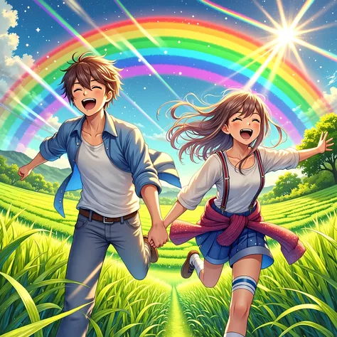 High-detail anime-style illustration of two friends laughing and holding hands, running through a lush, green field under a vivid, arcing rainbow. The sun is shining brightly, casting soft, natural shadows, and the sky is a clear blue with a few scattered ...