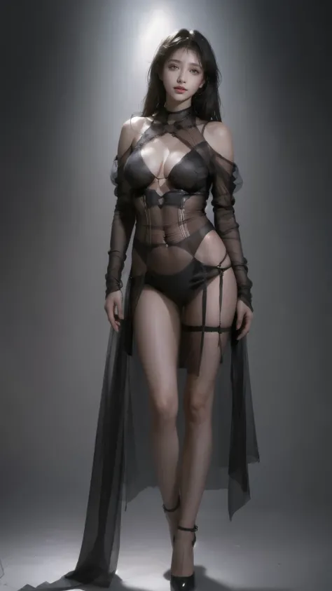 masterpiece,(best quality:1.3),ultra high res,raw photo,detailed skin,beautiful lighting,(realistic, photo-realistic:1.4),1girl,（(Black Mesh Cover-up Dress(Side slits)Wear)),long legs, prefect body，（Huge breasts:1.4）