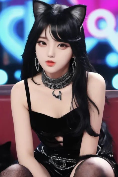  girl, 　 K-pop idol、 black hair、 Talking while sitting on a variety show，Y2K costumes 、cat-like eye shape