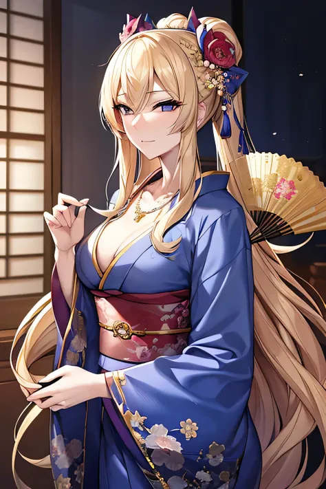 A highly detailed portrait of a slender and elegant Japanese woman with long, straight blonde hair, wearing a formal blue kimono adorned with golden floral patterns. She has a calm and composed expression, with sharp eyes and a slightly aristocratic demean...