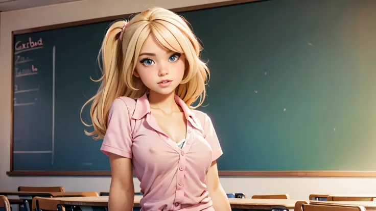 Cute  blonde girl wearing revealing pink high-school uniform in classroom, sexy, petite, blue eyes, popular girl, standing in front of the chalkboard, 