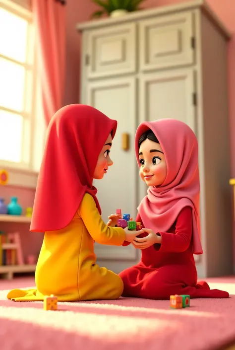 A 3D animated Pixar styled scene where  two young sisters aged 10-12 (one girl is  wearing yellow abaya dress and red hijab and the other one girl is wearing red abaya dress and pink hijab) in their  bedroom, sitting on the floor and playing with their toy...