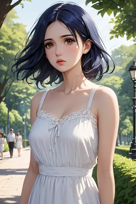 (masterpiece, best quality, 8k, high definition), whole body, 1 woman, medium-length dark blue hair, mid-chest, brown eyes, soft lips, beautiful face, wearing a white sundress, natural light, detailed background, Detailed Illustration Art, sad expression, ...